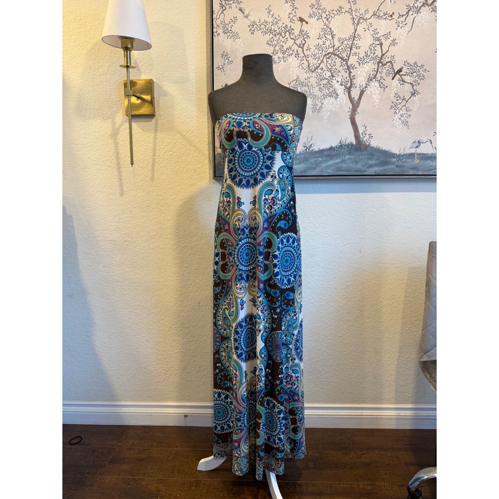 Heirloom Paisley Mandala Convertible Maxi‎ Skirt Strapless Tube Dress Blue Large